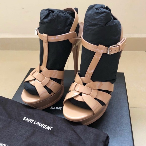 🥰 YSL Saint Laurent Tribute nude patent platform heels 37.5 - Picture 3 of 3
